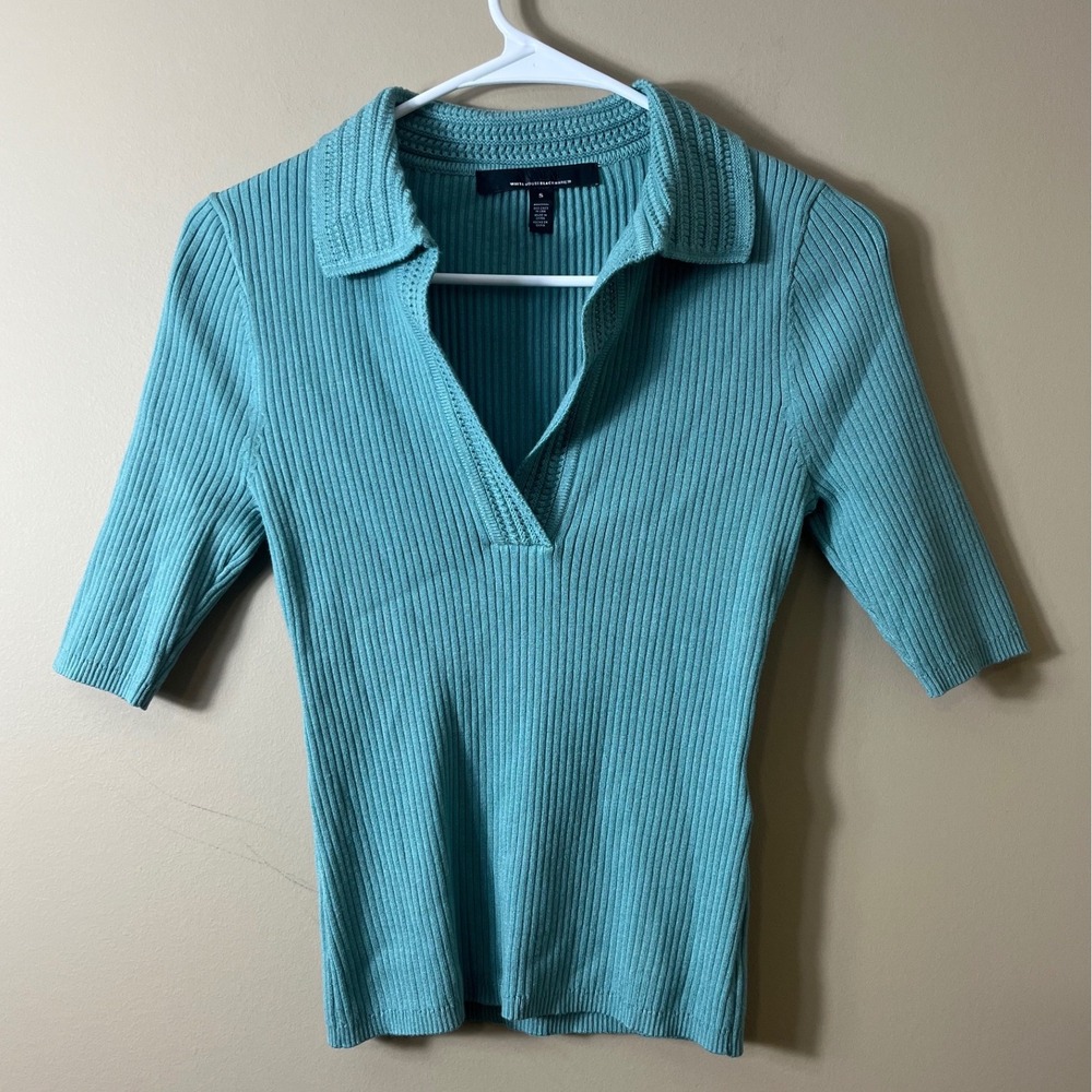 White House Black Market Teal Ribbed Knit Polo Top Size S Preppy Chic Workwear - Picture 2 of 10